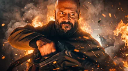 5K Ultra HD desktop wallpaper of Jason Statham wielding a gun amid fire and sparks in The Beekeeper 2.
