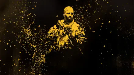 Jason Statham as a soldier holding a rifle amid golden particles in The Beekeeper 2, 5K Ultra HD desktop wallpaper.