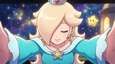 Rosalina from Mario poses beneath a starry sky in this 5K Ultra HD PC desktop wallpaper and background.