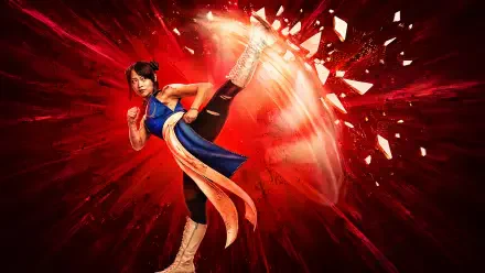 Chun-Li from Street Fighter strikes a dynamic dance pose against a vivid red backdrop, in a 4K Ultra HD PC desktop wallpaper.