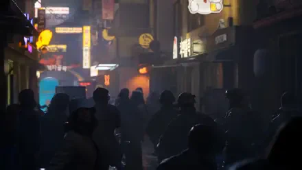 Call of Duty: Modern Warfare 4 HD PC wallpaper showing a crowd moving through a neon-lit city street at night.