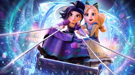Steps (2026) Netflix cartoon wallpaper featuring two girls on a glowing platform amid vibrant blue lights, 5K Ultra HD PC desktop background.