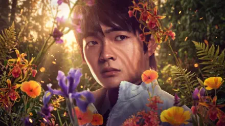Wyatt Calloway from The Hunger Games surrounded by colorful flowers in a cinematic portrait, 5K Ultra HD desktop wallpaper.