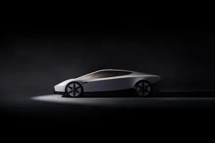 Tesla Roadster concept car in a sleek side profile against a dark studio backdrop, 2K Quad HD PC desktop wallpaper and background.