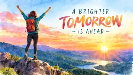 Inspirational 4K Ultra HD desktop wallpaper of a backpacker celebrating sunrise over a mountain valley, with “A brighter tomorrow is ahead” lettering.