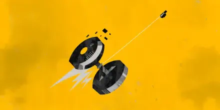 YoYo satellite spacecraft in orbit against a vivid yellow space backdrop, 4K Ultra HD desktop wallpaper.