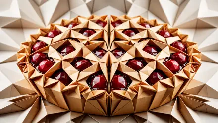 Geometric gold Cherry Pie sculpture adorned with ruby-red jewel accents, a striking 4K Ultra HD desktop wallpaper.