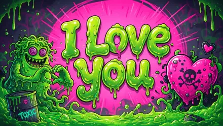 4K Ultra HD PC desktop wallpaper featuring gooey “I Love You” lettering, a grinning slime monster, and a pink heart monster.