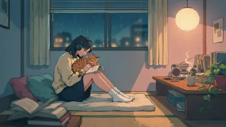 Chill lofi 4K Ultra HD desktop wallpaper of a woman cuddling a cat in a cozy bedroom at night.