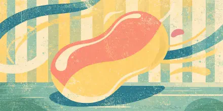 Retro mango jelly bean illustration on a striped teal and yellow background, 4K Ultra HD PC desktop wallpaper.