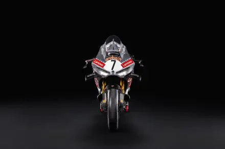 Front view of a Ducati Panigale V4 R racing motorcycle against a black background, 8K Ultra HD desktop wallpaper.