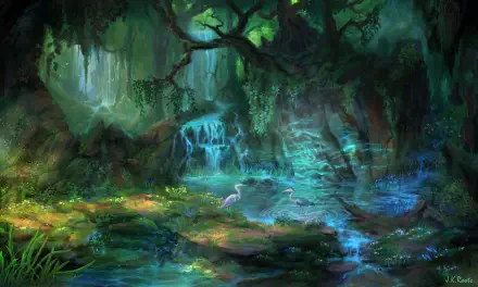 Fantasy forest landscape with a heron beside glowing turquoise springs and a pond, 8K Ultra HD desktop wallpaper background.