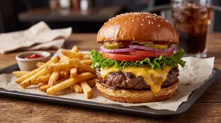 Juicy cheeseburger with fresh toppings and golden french fries, featured in a 5K Ultra HD PC desktop wallpaper and background.