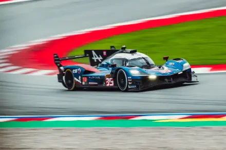 Alpine A424 race car speeding around a race track in motorsport action, featured in a 5K Ultra HD PC desktop wallpaper background.
