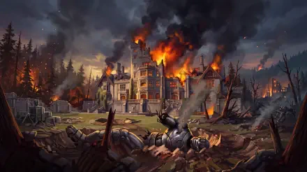 Avengers: Doomsday war scene with a burning city and battlefield, 5K Ultra HD PC desktop wallpaper and background.