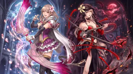 Final Fantasy Resonance 5K Ultra HD PC desktop wallpaper featuring two anime girl warriors surrounded by sparkling magic and crimson energy.