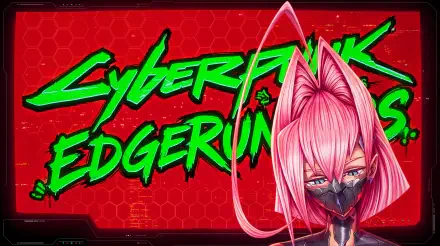 Cyberpunk: Edgerunners 5K desktop wallpaper featuring pink-haired anime girl Talia Yang against a red neon logo background.