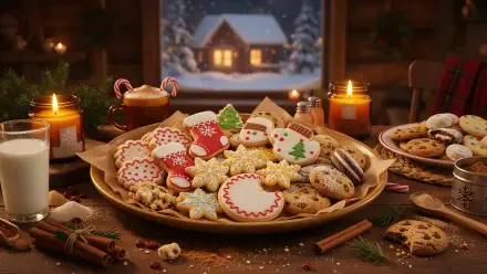 Festive holiday cookies and Christmas desserts on a candlelit table by a snowy window, 4K Ultra HD PC desktop wallpaper and background.