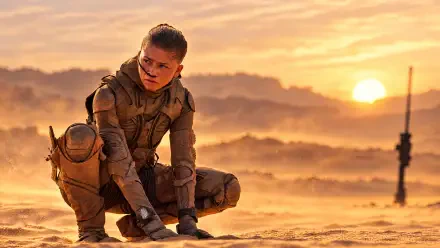 Zendaya as a desert soldier in Dune: Part Three, kneeling beneath a sunset in this 4K Ultra HD desktop wallpaper.