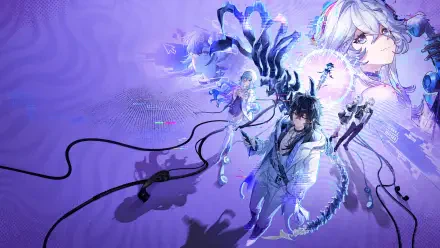 Neverness to Everness anime characters in a vibrant purple 4K Ultra HD PC desktop wallpaper and background.