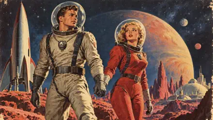 Science fiction astronauts holding hands on Mars, with a rocket and planets in the background, 4K Ultra HD desktop wallpaper.
