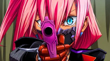 Talia Yang from Cyberpunk: Edgerunners 2 aims a purple gun in this pink-haired anime portrait, featured as a 5K Ultra HD desktop wallpaper.