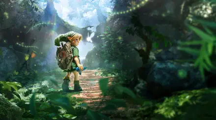 Link and a glowing fairy explore a lush forest path in The Legend of Zelda: Ocarina of Time (2026), 2K Quad HD PC desktop wallpaper and background.