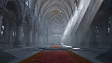 A sunlit cathedral hall with a red carpet, from The Legend of Zelda: Ocarina of Time (2026), in 4K Ultra HD PC desktop wallpaper and background.