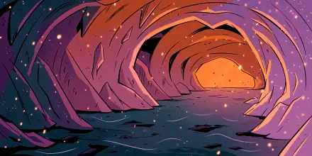 Colorful illustrated underground river winding through a glowing cave tunnel, 4K Ultra HD desktop wallpaper.