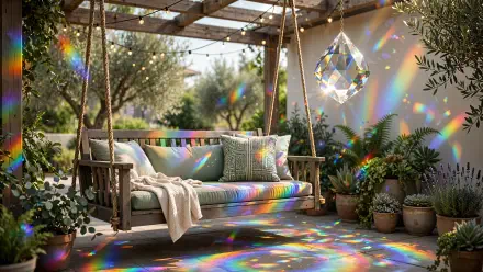 Colorful porch swing on a sunlit garden patio with rainbow prism reflections, 4K Ultra HD PC desktop wallpaper and background.