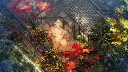 HD desktop wallpaper of a Japanese house in a shaded village garden, surrounded by vibrant red and yellow maple trees in autumn.