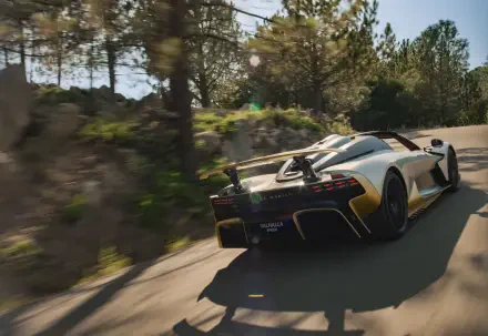 Aston Martin Valhalla Spider supercar driving on a wooded road, rendered as an 8K Ultra HD PC desktop wallpaper.