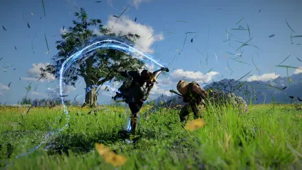 Kliff battles an armored warrior in a grassy field in Crimson Desert, a 4K Ultra HD PC desktop wallpaper.