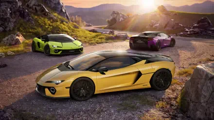 Lamborghini Temerario Tettonero in gold with two sports cars on a mountain road, 2K Quad HD PC desktop wallpaper and background.