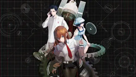 Steins;Gate 4K Ultra HD PC desktop wallpaper featuring Kurisu Makise, Rintaro Okabe, and Mayuri Shiina amid gears and scientific schematics.