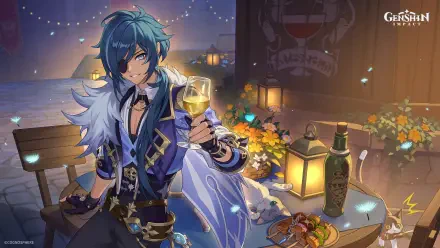 Kaeya from Genshin Impact raises a glowing drink amid warm lantern light in this 2K Quad HD PC desktop wallpaper.