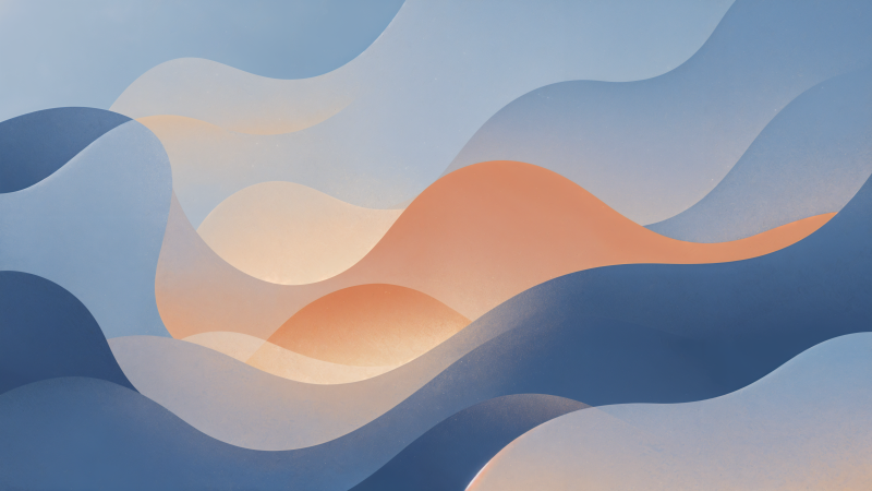 {{ Abstract flowing layered waves in soft blues and peach, a minimal gradient landscape — 4K Ultra HD PC desktop wallpaper and background.