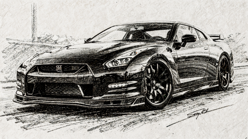 {{ Black-and-white sketch of a Nissan GT-R sports car, rendered as a high-detail 4K Ultra HD PC desktop wallpaper and background.