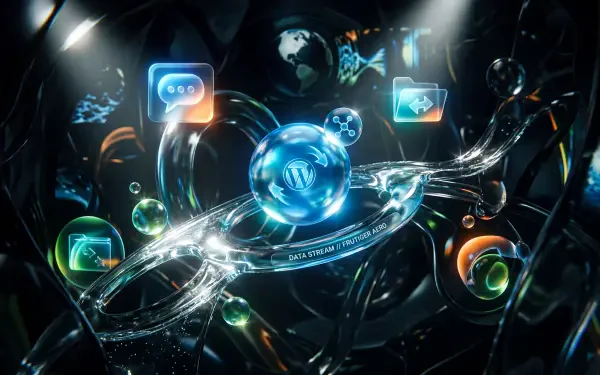 Frutiger Aero 5K Ultra HD PC desktop wallpaper: glossy blue orb with a 'W' at center, translucent flowing rings and glowing app-like icons set on a dark, metallic abstract background.