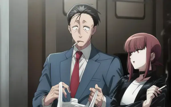 5K Ultra HD PC desktop anime wallpaper of Sasaki and Yamada from Smoking Behind the Supermarket with You — Sasaki in a suit smoking, Yamada in a leather jacket beside him.