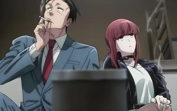 5K Ultra HD anime wallpaper of Sasaki and Yamada (Smoking Behind the Supermarket with You): a suited man smokes beside a red‑haired woman in a dim stairwell background.