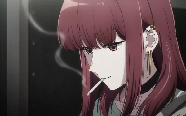 Anime HD desktop wallpaper: Yamada from Smoking Behind the Supermarket with You, side profile smoking with crimson hair, ear cuff, and a smoky urban night background.