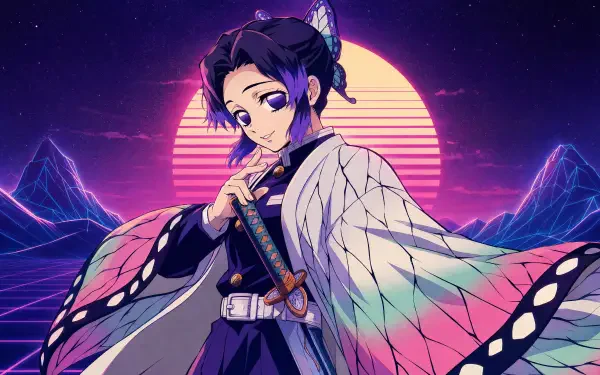 Shinobu Kochou portrait against a neon synthwave sunset, butterfly-patterned haori and katana, 4K Ultra HD PC desktop wallpaper background with glowing moon and retro mountains.