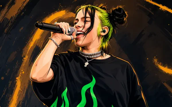 4K Ultra HD PC desktop wallpaper of a female singer with neon-green streaked hair, wearing a black tee and choker, singing into a microphone against a dark, painterly backdrop.