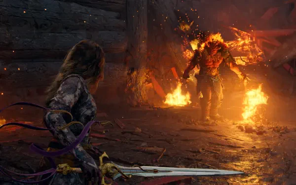 4K Ultra HD PC desktop wallpaper: God of War video game scene showing Laufey poised with sword facing a towering flame-wreathed enemy in a dark, rain-slick stone hall.