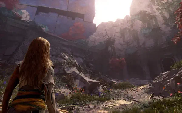 4K Ultra HD PC desktop wallpaper from the video game God of War: Laufey seen from behind in a sunlit rocky canyon amid ruins and autumn foliage.