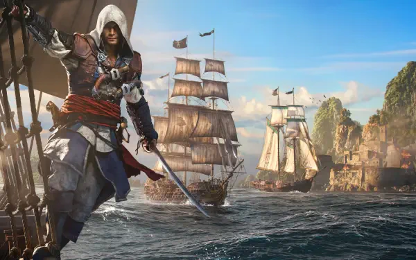 Assassin's Creed Black Flag Resynced 8K Ultra HD PC wallpaper: hooded pirate-assassin on a ship's bow, sword drawn, as tall-masted ships sail past sunlit tropical cliffs under a bright sky.