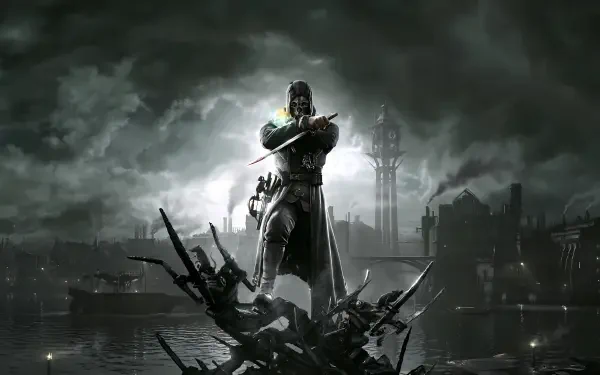 Dishonored 8K Ultra HD PC desktop wallpaper/background: masked assassin stands on wreckage, blade raised, overlooking a foggy industrial city with a green, otherworldly glow.
