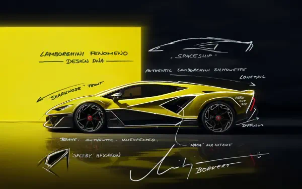 Sleek yellow Lamborghini Fenomeno concept sketch and profile on a black-and-yellow backdrop — 2K Quad HD PC desktop wallpaper showcasing a high-performance vehicle design.
