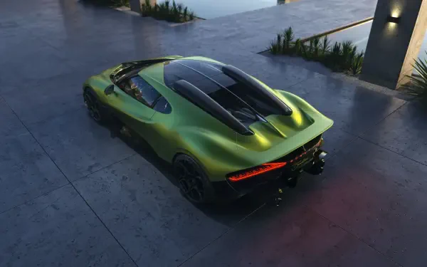 Green Bugatti Brouillard sports car parked on a modern concrete driveway at dusk — 5K Ultra HD PC desktop wallpaper/background highlighting the vehicle's sculpted rear and glossy finish.